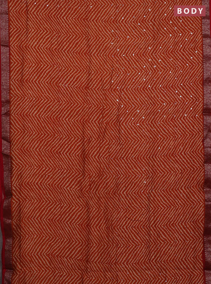 Chanderi silk cotton saree orange and red with allover zigzag prints & mirror work and banarasi border