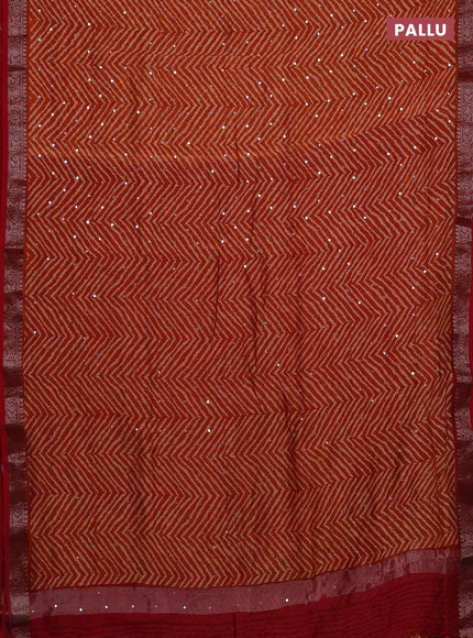 Chanderi silk cotton saree orange and red with allover zigzag prints & mirror work and banarasi border