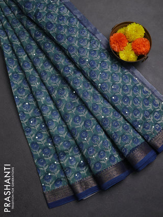 Chanderi silk cotton saree teal green and blue with allover floral butta prints & mirror work and banarasi border