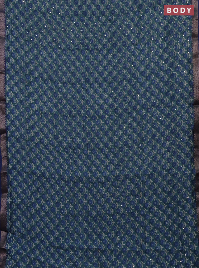Chanderi silk cotton saree teal green and blue with allover floral butta prints & mirror work and banarasi border