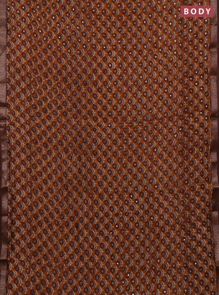 Chanderi silk cotton saree dark mustard and brown with allover floral butta prints & mirror work and banarasi border