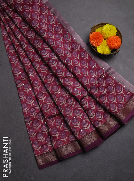Chanderi silk cotton saree wine shade with allover floral butta prints & mirror work and banarasi border