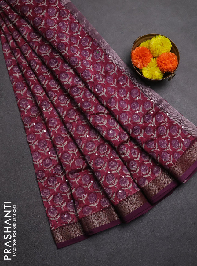 Chanderi silk cotton saree wine shade with allover floral butta prints & mirror work and banarasi border