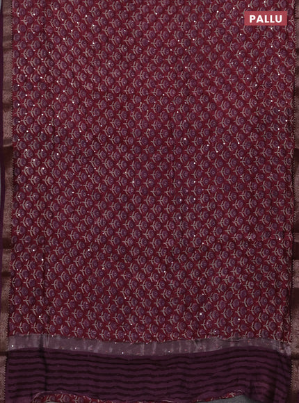 Chanderi silk cotton saree wine shade with allover floral butta prints & mirror work and banarasi border