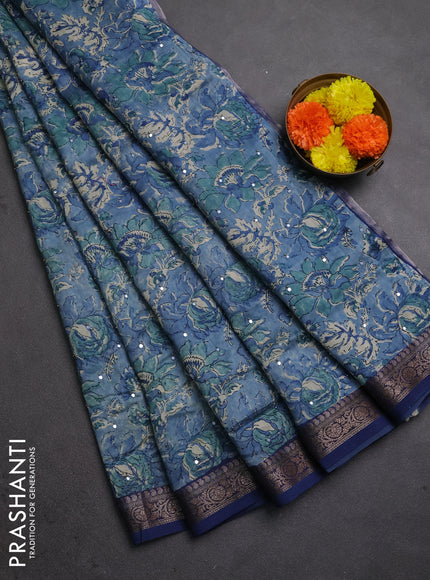 Chanderi silk cotton saree light blue and blue with allover prints & mirror work and banarasi border