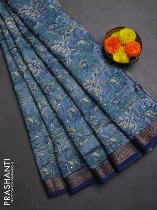 Chanderi silk cotton saree light blue and blue with allover prints & mirror work and banarasi border
