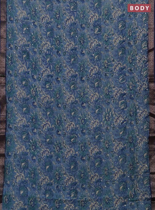 Chanderi silk cotton saree light blue and blue with allover prints & mirror work and banarasi border