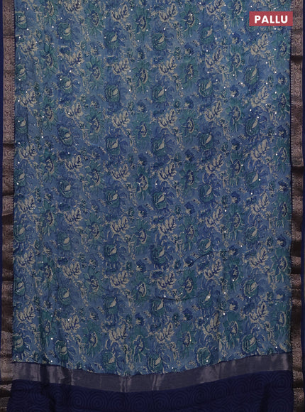Chanderi silk cotton saree light blue and blue with allover prints & mirror work and banarasi border