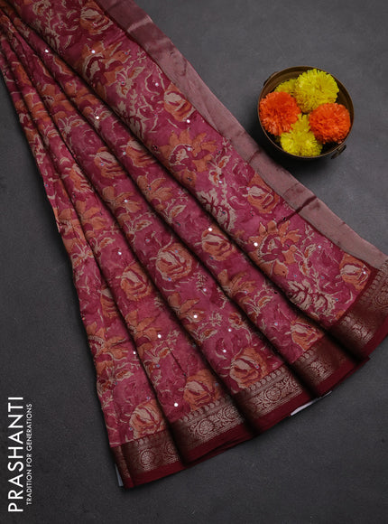 Chanderi silk cotton saree pink and maroon with allover prints & mirror work and banarasi border