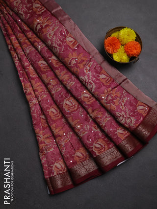 Chanderi silk cotton saree pink and maroon with allover prints & mirror work and banarasi border