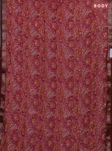Chanderi silk cotton saree pink and maroon with allover prints & mirror work and banarasi border