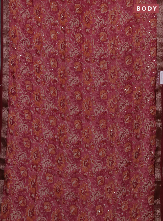 Chanderi silk cotton saree pink and maroon with allover prints & mirror work and banarasi border