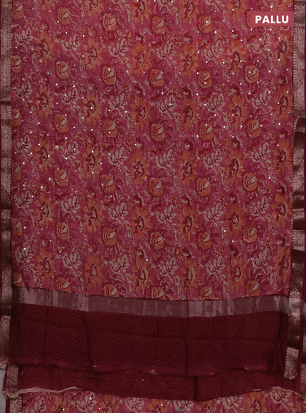 Chanderi silk cotton saree pink and maroon with allover prints & mirror work and banarasi border