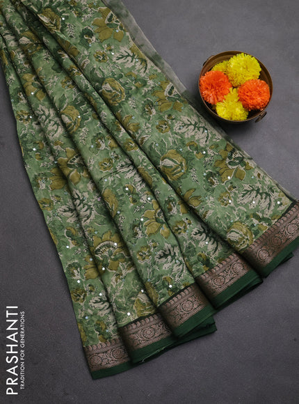 Chanderi silk cotton saree green with allover prints & mirror work and banarasi border