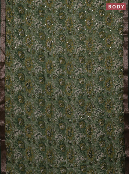 Chanderi silk cotton saree green with allover prints & mirror work and banarasi border