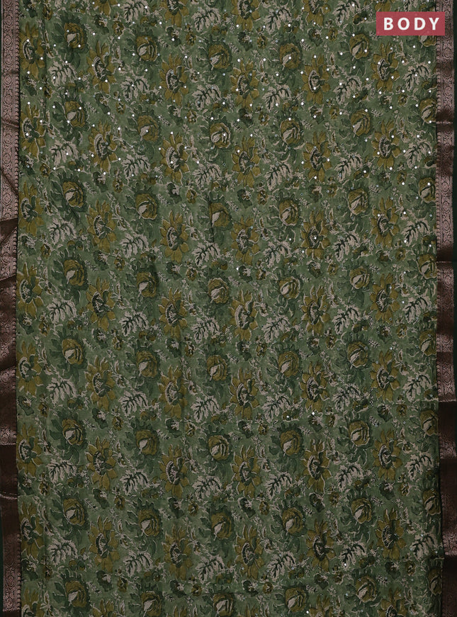 Chanderi silk cotton saree green with allover prints & mirror work and banarasi border