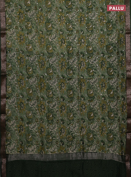 Chanderi silk cotton saree green with allover prints & mirror work and banarasi border