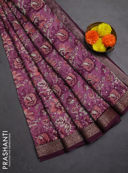 Chanderi silk cotton saree wine shade with allover prints & mirror work and banarasi border