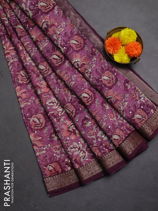 Chanderi silk cotton saree wine shade with allover prints & mirror work and banarasi border