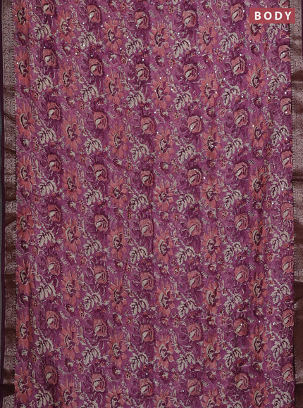Chanderi silk cotton saree wine shade with allover prints & mirror work and banarasi border