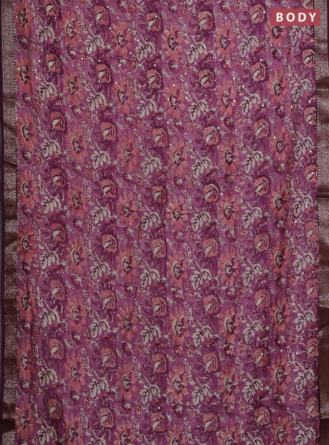 Chanderi silk cotton saree wine shade with allover prints & mirror work and banarasi border