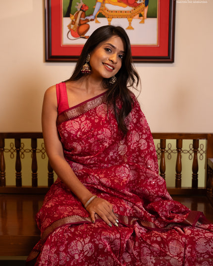 Chanderi silk cotton saree pink and maroon with allover prints & mirror work and banarasi border