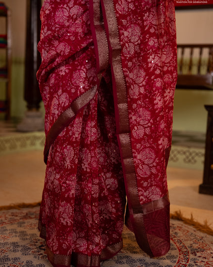 Chanderi silk cotton saree pink and maroon with allover prints & mirror work and banarasi border