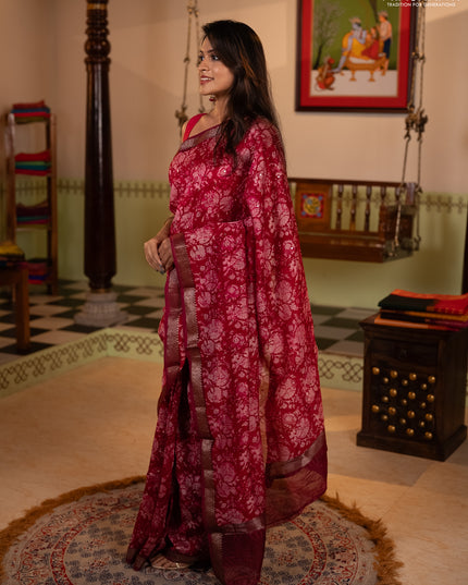 Chanderi silk cotton saree pink and maroon with allover prints & mirror work and banarasi border