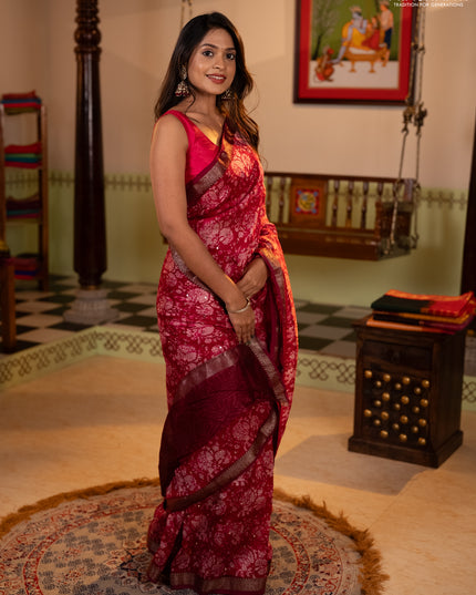Chanderi silk cotton saree pink and maroon with allover prints & mirror work and banarasi border