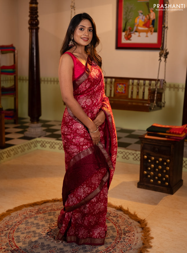 Chanderi silk cotton saree pink and maroon with allover prints & mirror work and banarasi border