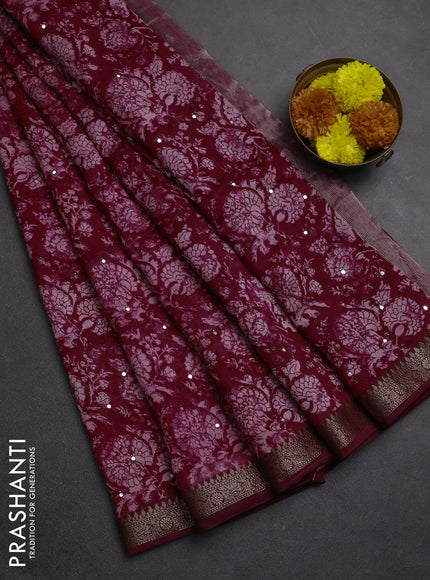 Chanderi silk cotton saree pink and maroon with allover prints & mirror work and banarasi border