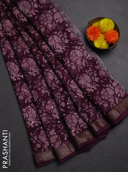 Chanderi silk cotton saree deep purple with allover prints & mirror work and banarasi border