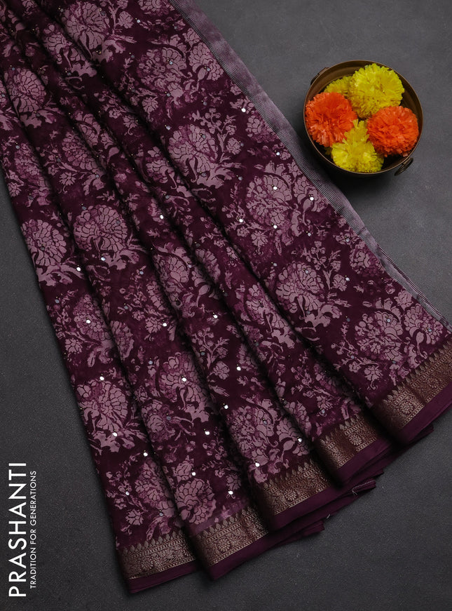 Chanderi silk cotton saree deep purple with allover prints & mirror work and banarasi border