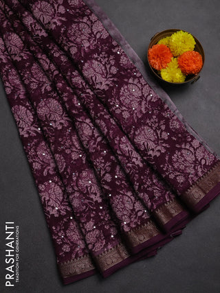 Chanderi silk cotton saree deep purple with allover prints & mirror work and banarasi border