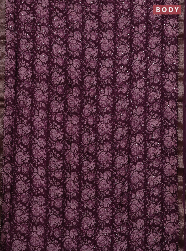 Chanderi silk cotton saree deep purple with allover prints & mirror work and banarasi border