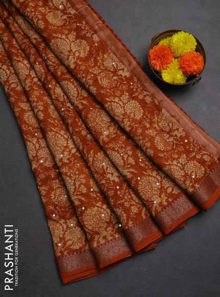 Chanderi silk cotton saree dark mustard with allover prints & mirror work and banarasi border