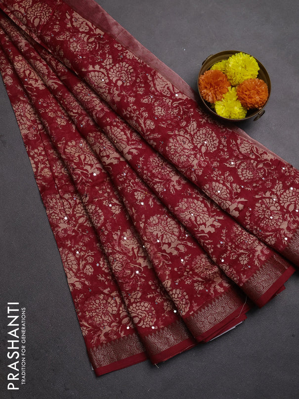 Chanderi silk cotton saree red with allover prints & mirror work and banarasi border