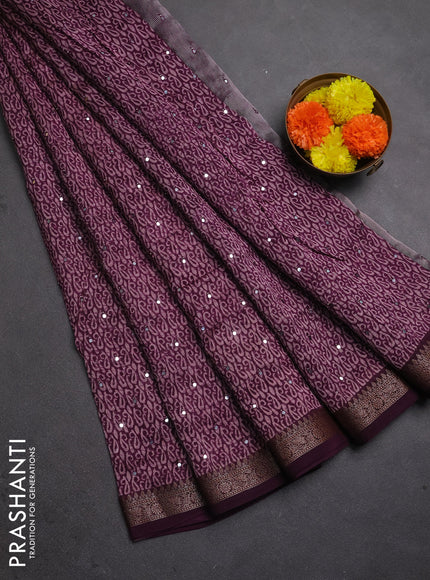 Chanderi silk cotton saree deep purple with allover paisley butta prints & mirror work and banarasi border