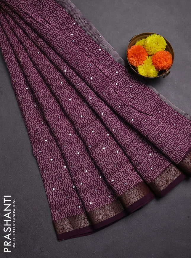 Chanderi silk cotton saree deep purple with allover paisley butta prints & mirror work and banarasi border