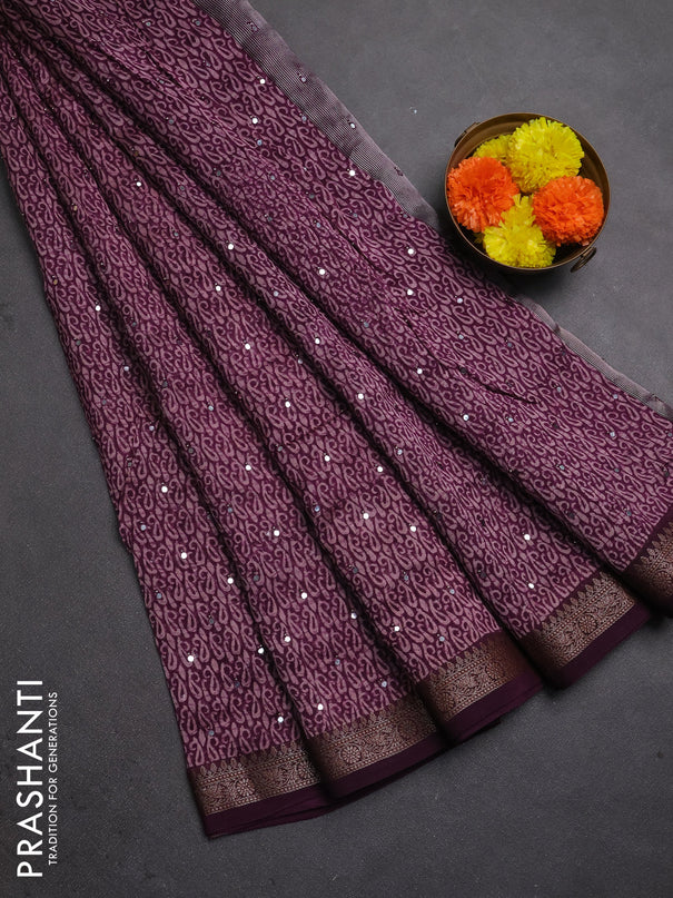 Chanderi silk cotton saree deep purple with allover paisley butta prints & mirror work and banarasi border