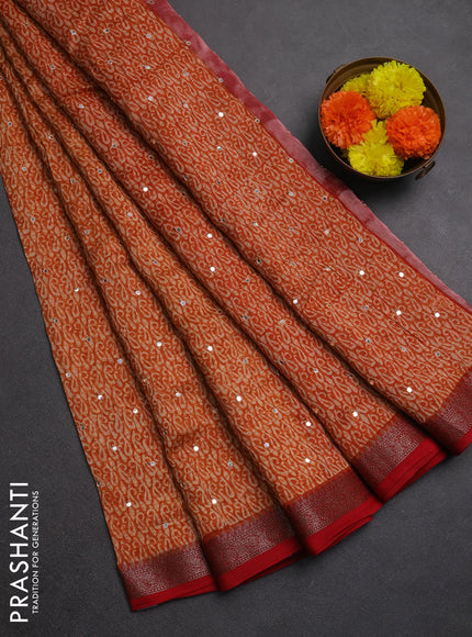 Chanderi silk cotton saree dark mustard and red with allover paisley butta prints & mirror work and banarasi border