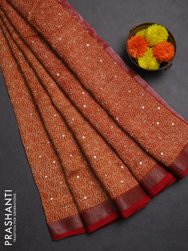 Chanderi silk cotton saree dark mustard and red with allover paisley butta prints & mirror work and banarasi border