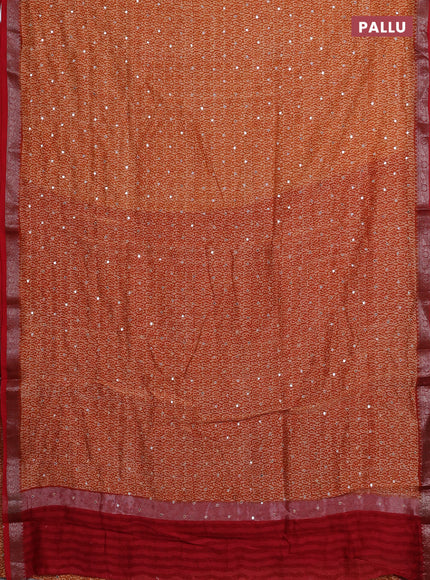 Chanderi silk cotton saree dark mustard and red with allover paisley butta prints & mirror work and banarasi border