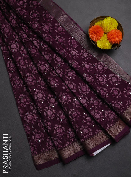 Chanderi silk cotton saree deep purple with allover prints & mirror work and banarasi border