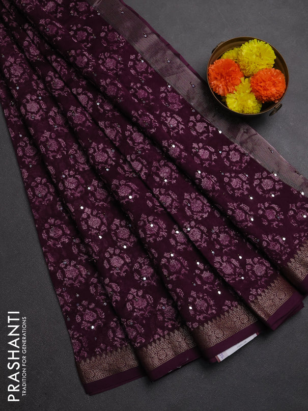 Chanderi silk cotton saree deep purple with allover prints & mirror work and banarasi border