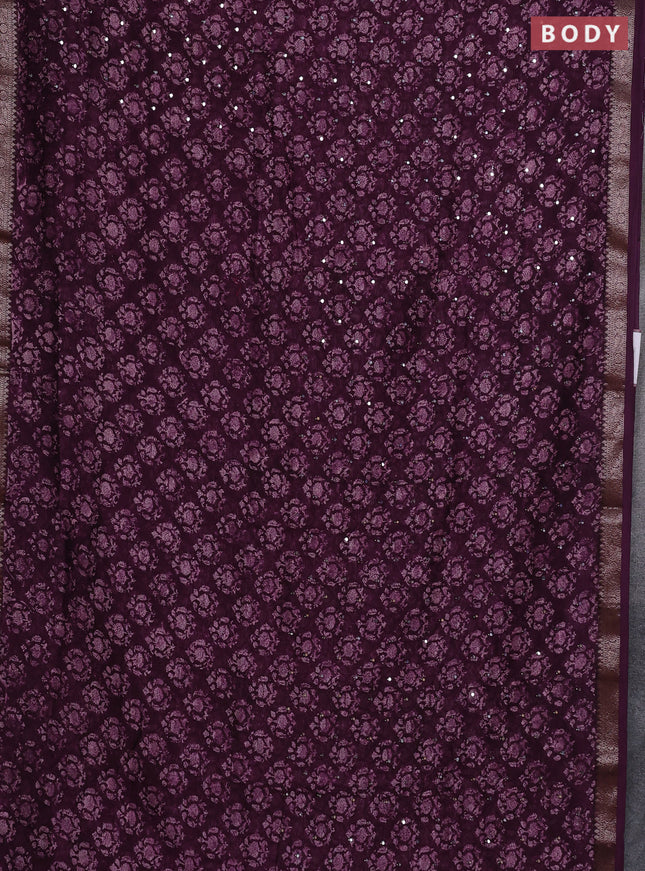 Chanderi silk cotton saree deep purple with allover prints & mirror work and banarasi border