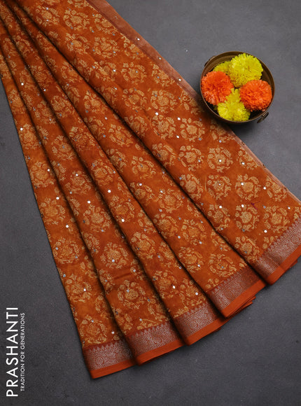 Chanderi silk cotton saree dark mustard with allover prints & mirror work and banarasi border