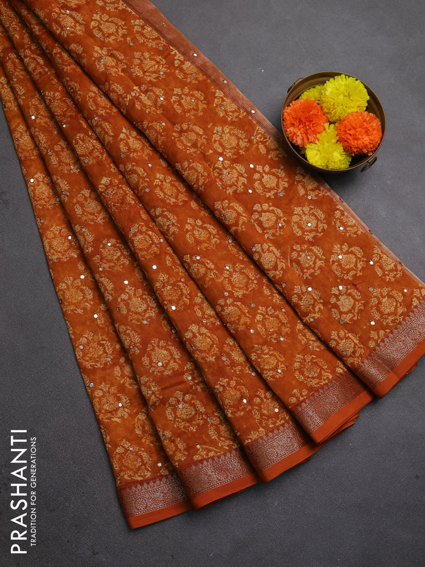 Chanderi silk cotton saree dark mustard with allover prints & mirror work and banarasi border