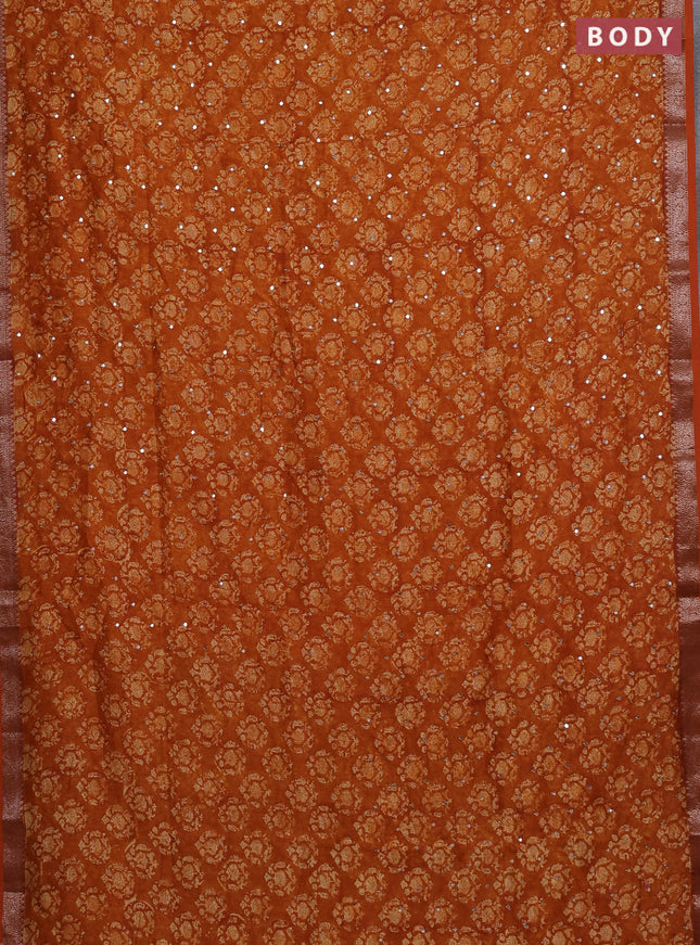 Chanderi silk cotton saree dark mustard with allover prints & mirror work and banarasi border