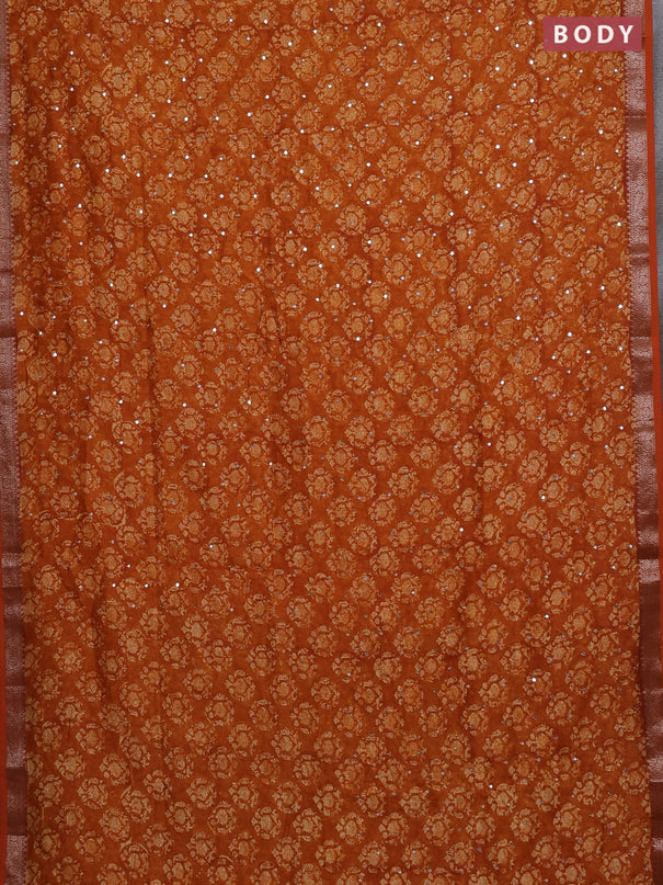 Chanderi silk cotton saree dark mustard with allover prints & mirror work and banarasi border